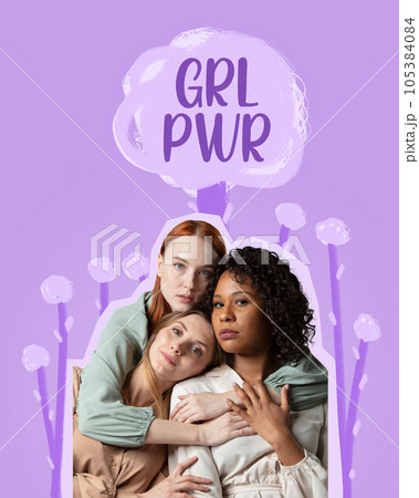 Image of women looking at camera decorated with painted background in purple colours. Girls Power. 105384084