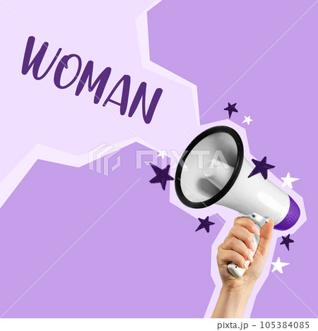 Poster of lady's hand holding a megaphone decorated with painted stars, next to inscription. 105384085
