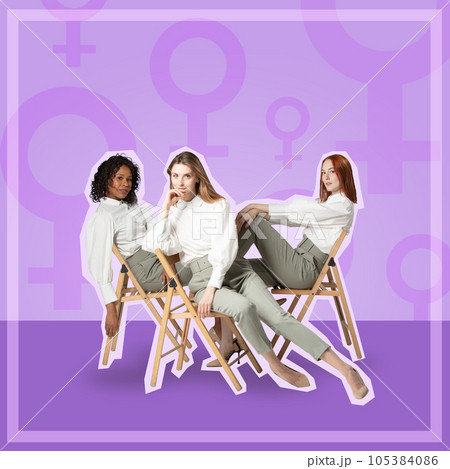 Female models dressed casuly sitting in different poses and looking at camera over drawing purple and pink background. 105384086