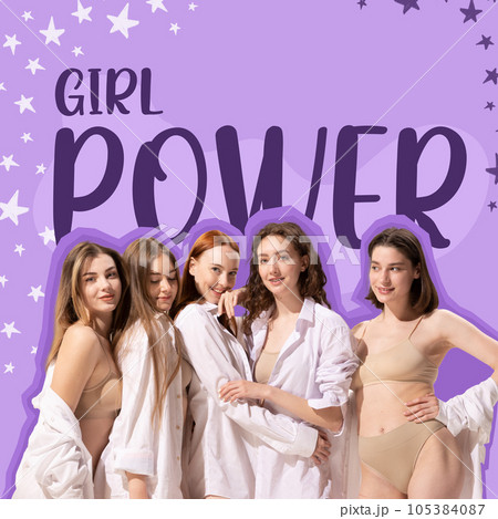Image of posing young girls in white shirts over painted purple background. Art work in drawing style. 105384087