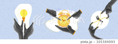 Contemporary collage of hands holding electric lamp, clock and tied man with drawn threads. Banner. Contemporary collage of hands holding electric lamp, clock and tied man with drawn threads. Banner. 105384093