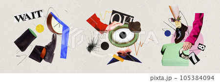Creative multiple banner. Contemporary art collage of time management with retro things. 105384094