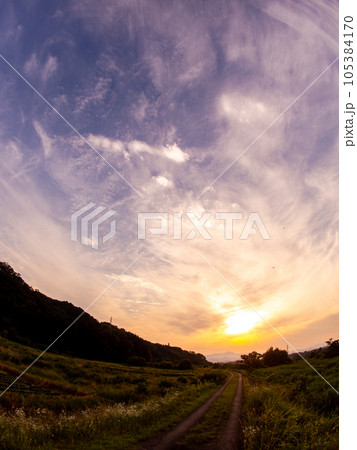 夏の日のツーリングの帰り道 夕日に照らされた一本道 夏の日のツーリングの帰り道 夕日に照らされた一本道 105384170