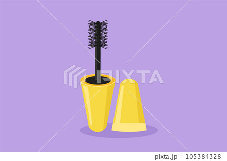 Character flat drawing stylized mascara bottles logotype label icon symbol. Brush and mascara tube. Black wand and golden tube. Fashionable cosmetic makeup for eyes. Cartoon design vector illustration Character flat drawing stylized mascara bottles logotype label icon symbol. Brush and mascara tube. Black wand and golden tube. Fashionable cosmetic makeup for eyes. Cartoon design vector illustration 105384328