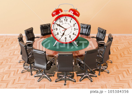 Round table with alarm clock and armchairs around, 3D rendering Round table with alarm clock and armchairs around, 3D rendering 105384356