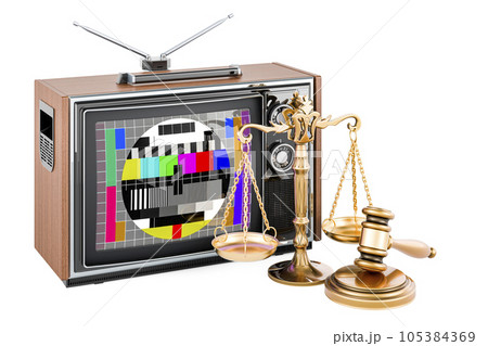 TV set with wooden gavel and scales of justice. 3D rendering TV set with wooden gavel and scales of justice. 3D rendering 105384369