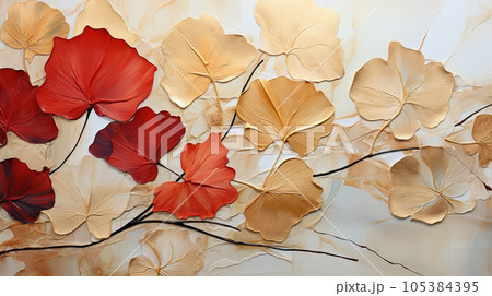 紅葉で黄金に輝く秋の植物を琳派的な表現
