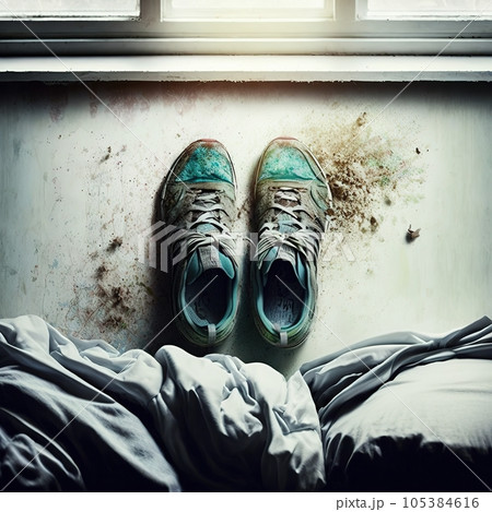 Dirty running shoes by the bed at home. Dirty running shoes by the bed at home. 105384616