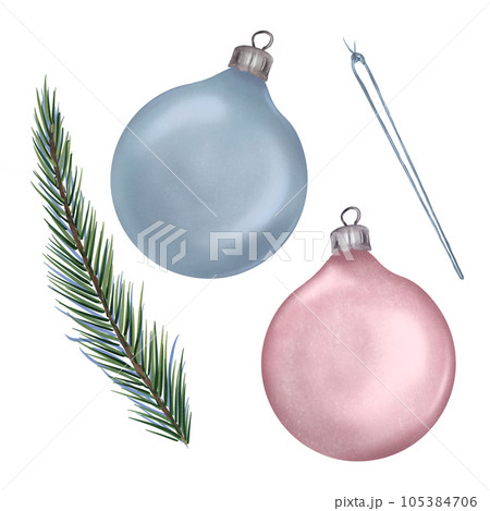 Christmas glass balls and spruce branch digital watercolor style illustration isolated on white. Set of New year decoration, conifer tree hand drawn. Design for invitation, holiday card, print 105384706