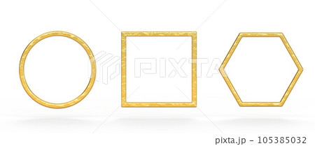 Gold metal frames, yellow round, square and hexagon borders with shiny texture, 3d render icons set. Abstract geometric shapes, luxury graphic elements, photo or avatar game frames. 3D illustration 105385032