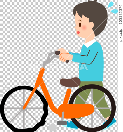 A man pushing a bicycle with a punctured tire 105385374