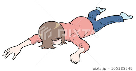うつぶせで寝ている女性のイラスト【転倒・けが・気絶・病気・疲れ・息切れ・伏せる・めまい・意識不明】 105385549