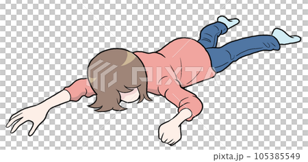 うつぶせで寝ている女性のイラスト【転倒・けが・気絶・病気・疲れ・息切れ・伏せる・めまい・意識不明】 105385549