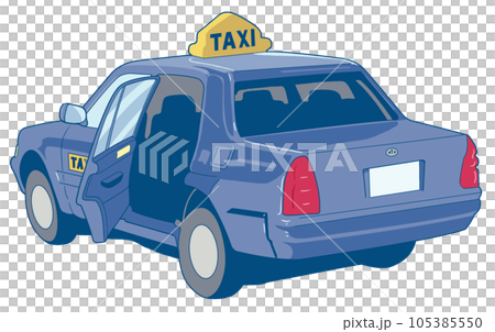 ドアが開いてるタクシーのイラスト【後ろ・ハイヤー・自動車・青・開閉・乗客・後部座席・窓・シート】 105385550
