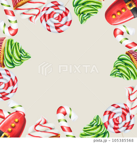 Watercolor frame with Christmas cream muffins, caramel canes, candies, ice creams. New year hand painting green and red cupcakes isolated on white background. For designers, food decoration, menu, Watercolor frame with Christmas cream muffins, caramel canes, candies, ice creams. New year hand painting green and red cupcakes isolated on white background. For designers, food decoration, menu, 105385568