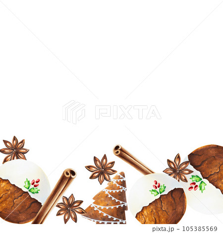Watercolor Christmas frame with crispy gingerbread cookies with icing, cinnamon and anise star. New year hand painting spices isolated on white background. For designers, food decoration, menu, shop, 105385569