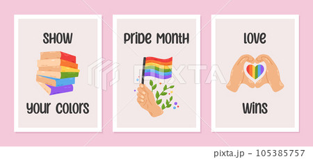 LGBT Pride Month postcards, cover templates with rainbow shapes. Hand drawn flat cartoon elements. Vector illustration 105385757