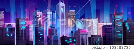 Night neon skyscraper building cityscape vector 105385759