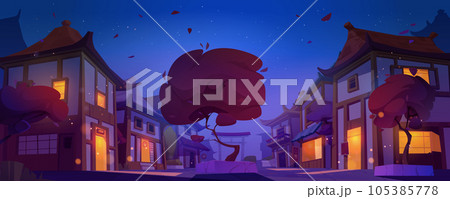 Night Asian town street with buildings and sakura 105385778
