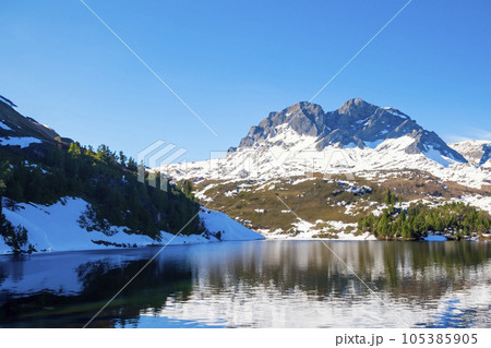 Mountain with snow and lake. Picturesque winter sunset in Swiss Alps, Grindelwald. The beauty of nature as a conceptual background. Small rivers and coniferous trees reflected in a calm alpine lake. 105385905