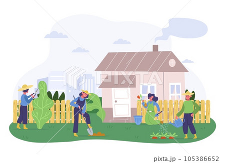 Gardener planting, watering and gathering agriculture plants and green 105386652