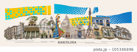 Contemporary art collage. Design in modern contemporary retro style about Barcelona 105386896