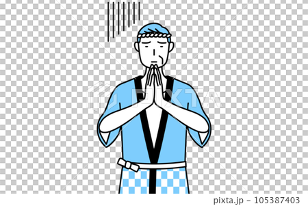 A senior man wearing a summer festival coat to apologize with his hands in front of his body A senior man wearing a summer festival coat to apologize with his hands in front of his body 105387403