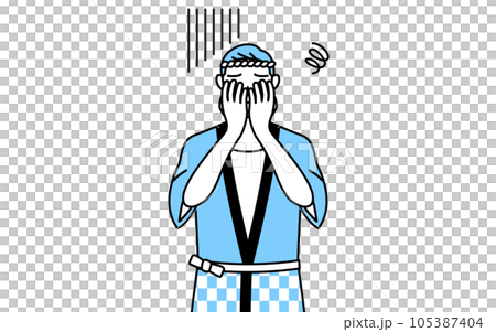 A senior man wearing a summer festival happi coat covering his face with depression A senior man wearing a summer festival happi coat covering his face with depression 105387404