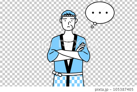 A senior man wearing a summer festival happi coat thinking with his arms crossed A senior man wearing a summer festival happi coat thinking with his arms crossed 105387405
