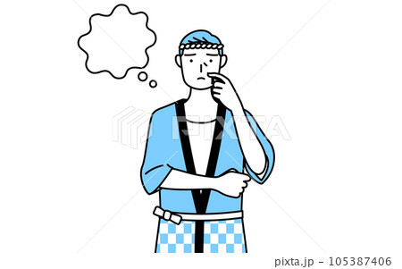 顔をかきながら考える夏祭りの法被を着たシニア男性 105387406
