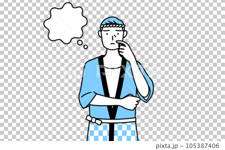 顔をかきながら考える夏祭りの法被を着たシニア男性 105387406