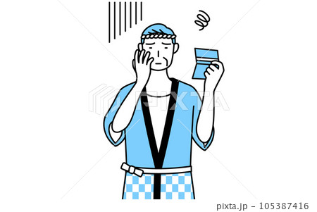 預金通帳を見て落ち込む夏祭りの法被を着たシニア男性 預金通帳を見て落ち込む夏祭りの法被を着たシニア男性 105387416