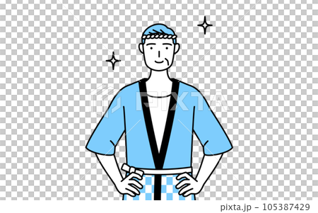 A senior man wearing a summer festival coat with his hands on his hips 105387429