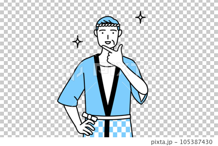 A senior man wearing a summer festival happi coat posing for a confident house 105387430