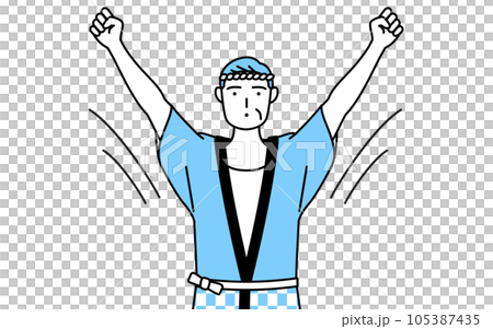 Senior man wearing a summer festival happi coat doing radio exercises Senior man wearing a summer festival happi coat doing radio exercises 105387435