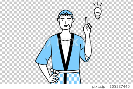 アイデアを思いついた夏祭りの法被を着たシニア男性 アイデアを思いついた夏祭りの法被を着たシニア男性 105387440