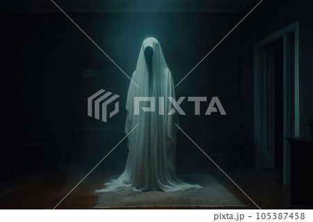Realistic white scary ghost. AI generated 105387458