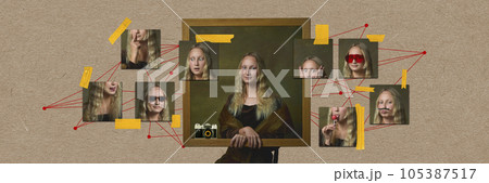 Beautiful female model as classic historical character in modern variation over pastel background. Contemporary art collage. Beautiful female model as classic historical character in modern variation over pastel background. Contemporary art collage. 105387517