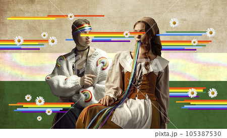 Two women, medieval persons sitting with rainbow elements meaning support of lgbt community. Contemporary art collage. 105387530