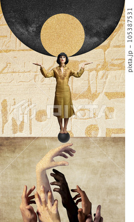 Young woman in image of Nefertiti. Beautiful model like famous queen of Egypt. Contemporary art collage. Young woman in image of Nefertiti. Beautiful model like famous queen of Egypt. Contemporary art collage. 105387531