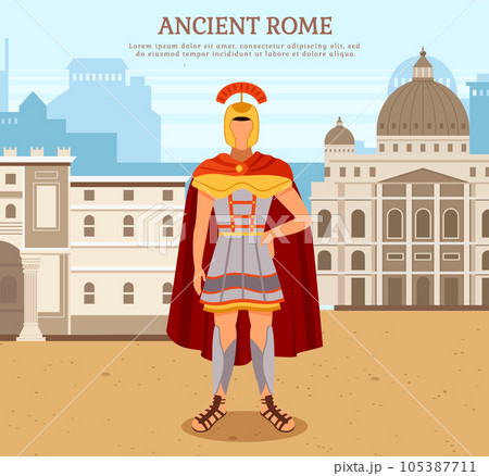 Ancient warrior gladiator near roman building in city square, antique culture vector poster 105387711