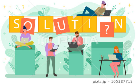 Team with laptops collects word solution. People climbing on ladders, business project activity 105387715
