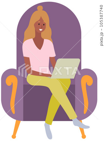 Girl sits in armchair while working. Woman on distance learning, freelance is using internet 105387740