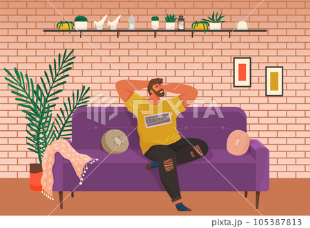 Man lying on sofa in apartment. Happy young guy relaxing, dreaming. Rest on couch, home leisure Man lying on sofa in apartment. Happy young guy relaxing, dreaming. Rest on couch, home leisure 105387813