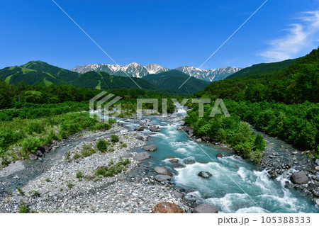 残雪を抱いた北アルプスの山を眺める美しい夏の高原の風景 105388333