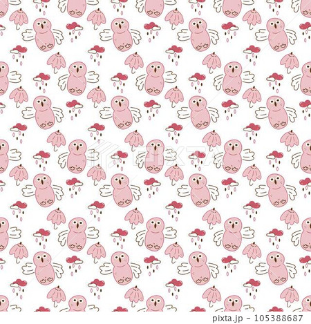 Owl pattern1. Seamless pattern with cute owl character, cloud and umbrella. Cartoon color vector illustration. 105388687