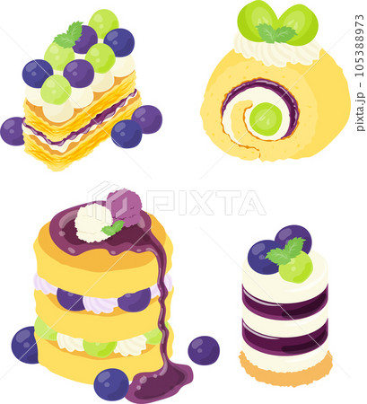 パンケーキやレアチーズケーキなどの、愛らしくてジューシーな葡萄スイーツのアイコンデザインです。 パンケーキやレアチーズケーキなどの、愛らしくてジューシーな葡萄スイーツのアイコンデザインです。 105388973
