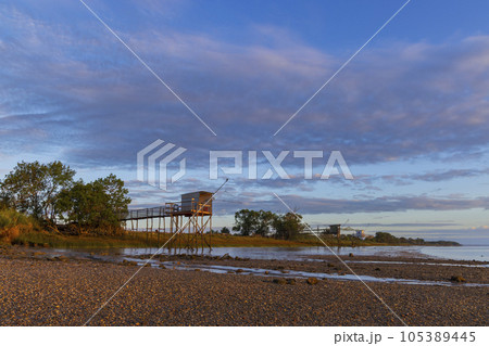 Traditional fishing hut on river Gironde, Bordeaux, Aquitaine, France 105389445