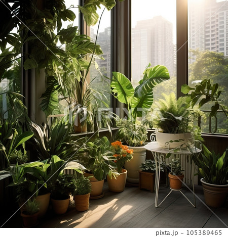 Urban jungle, love for plants concept. Interior of cozy home garden with fresh green houseplants, natural home decor Urban jungle, love for plants concept. Interior of cozy home garden with fresh green houseplants, natural home decor 105389465