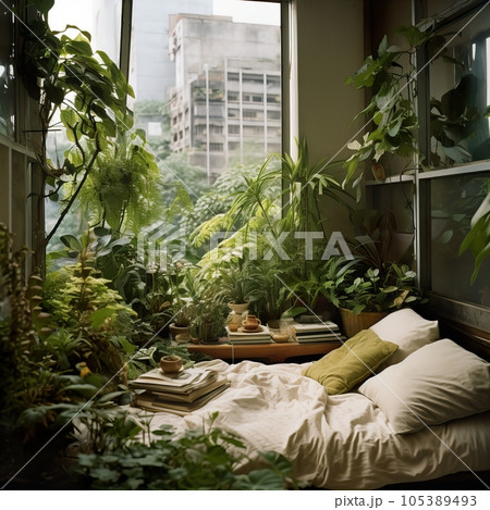 Urban jungle, love for plants concept. Interior of cozy home garden with fresh green houseplants, natural home decor Urban jungle, love for plants concept. Interior of cozy home garden with fresh green houseplants, natural home decor 105389493